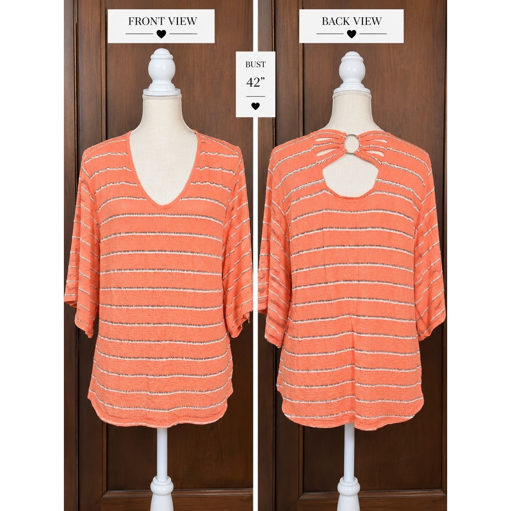 Studio JPR Orange Striped V Neck Back Ring Detail 3/4 Sleeve Top Women's L